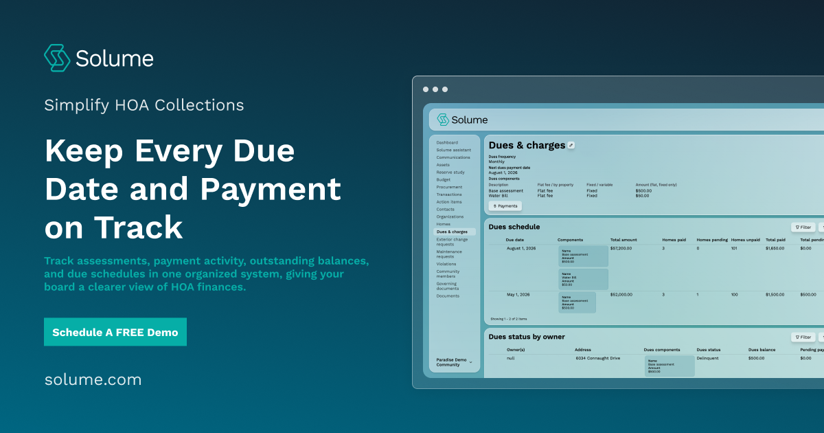 Solume dues and charges dashboard showing payment schedules, total amounts, paid and unpaid balances, and owner dues status.