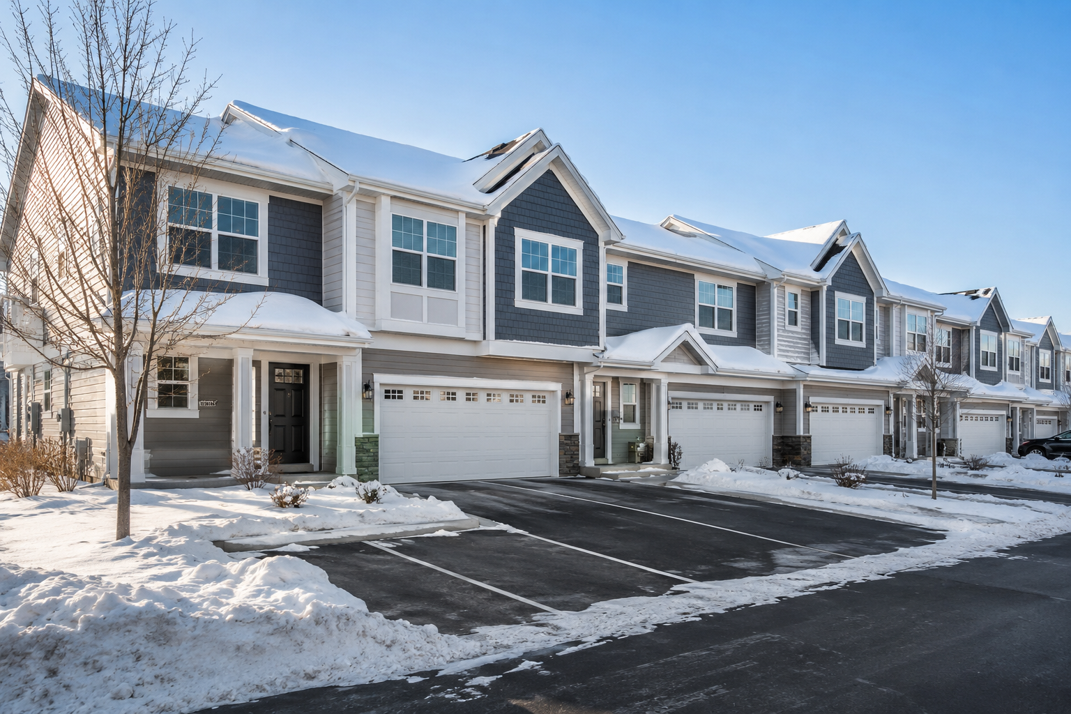 Snow-covered Minnesota townhome community with cleared parking lots, modern siding, and well-maintained pavement under bright winter sunlight.
