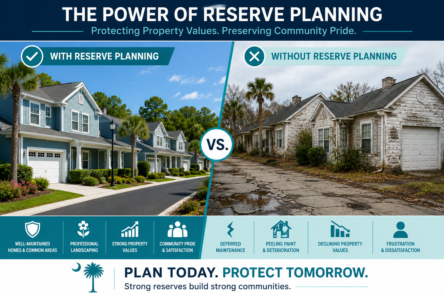 Side-by-side comparison of two South Carolina HOA communities illustrating the impact of reserve planning. The left side shows a well-maintained neighborhood with freshly painted homes, landscaped common areas, and smooth pavement, while the right side shows a neglected community with peeling siding, cracked roads, and visible signs of deferred maintenance.