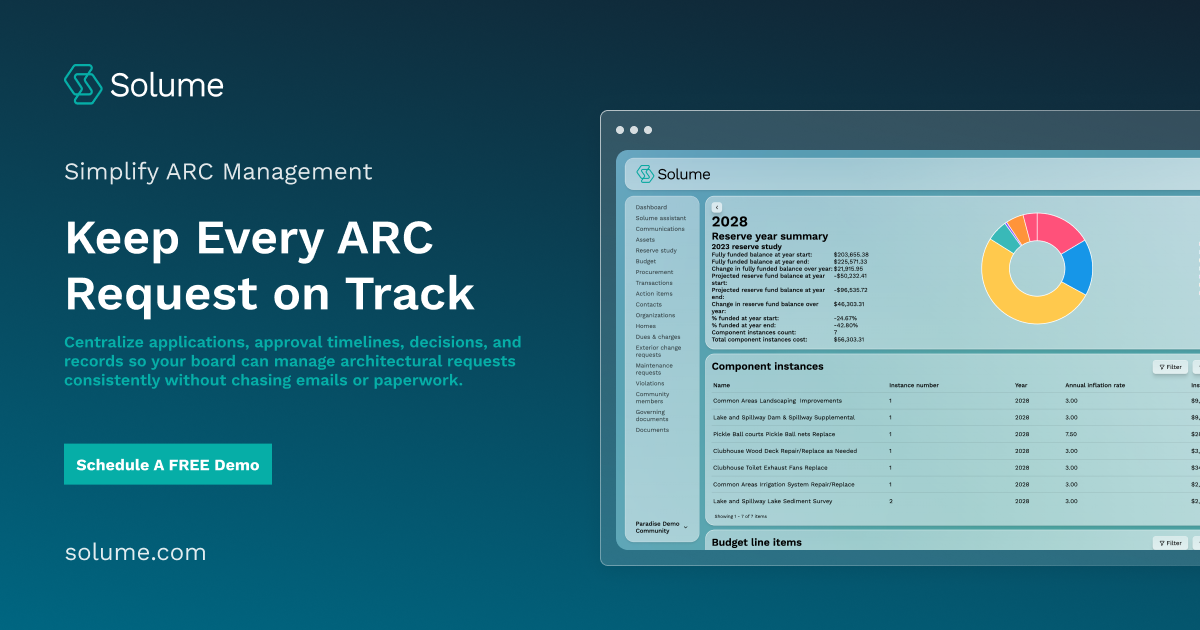 Solume HOA management software dashboard showing tools for tracking architectural review committee requests, approvals, deadlines, and community records.