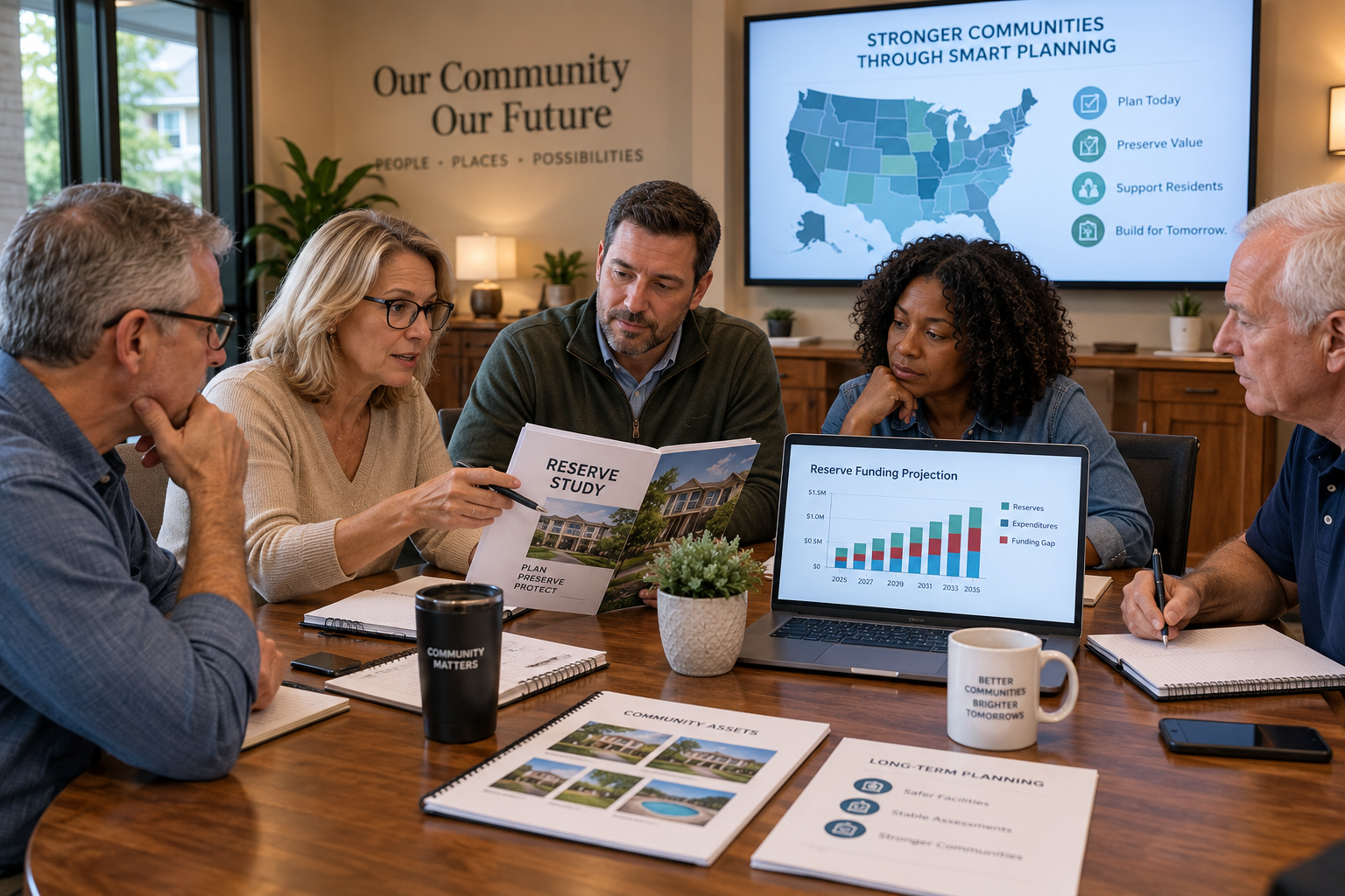 Community association board members meeting around a wooden table while reviewing a reserve study, funding chart, and U.S. state map on a wall display.