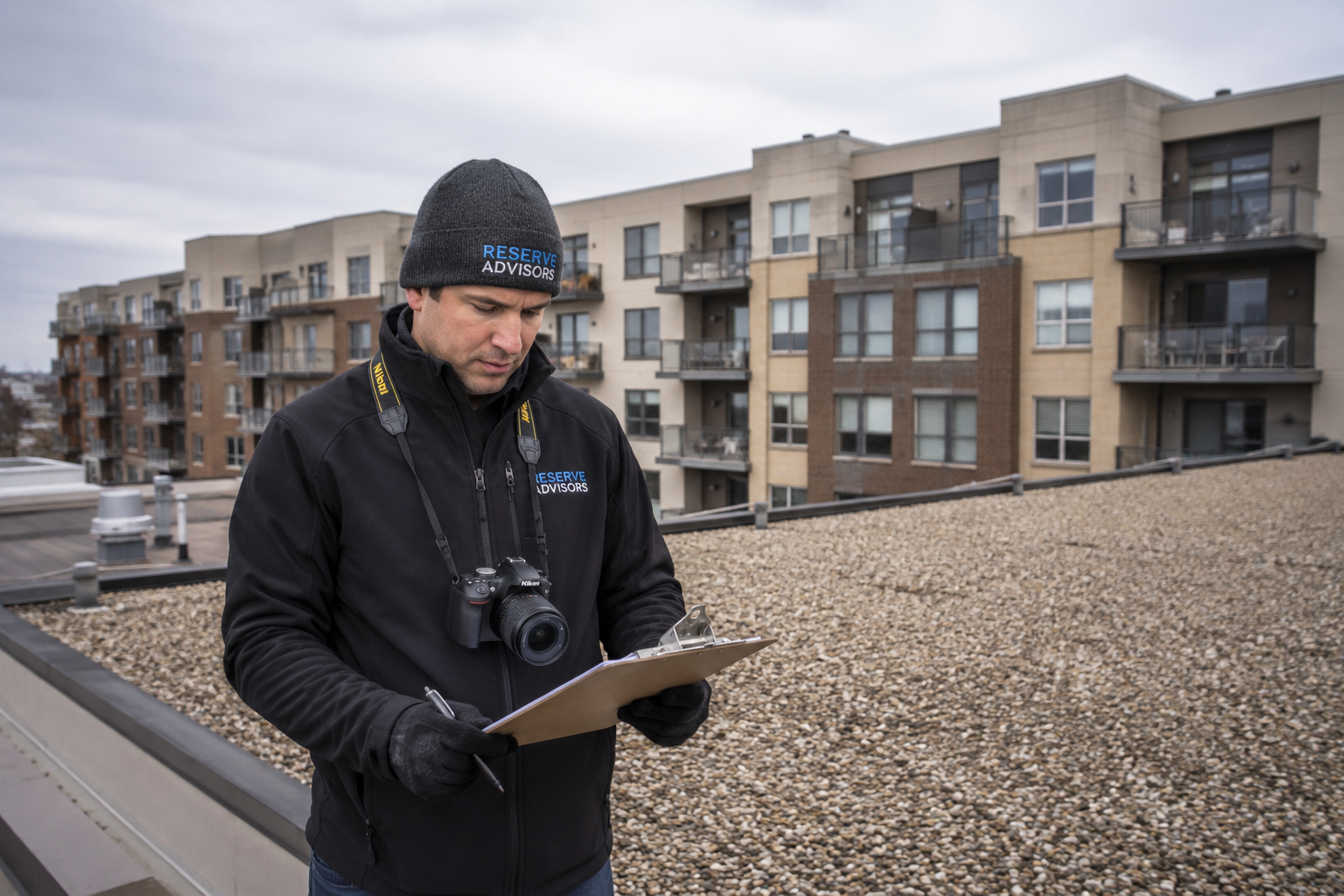 Reserve study analyst inspecting a condo building roof with a clipboard and camera, with a Minnesota residential complex in the background under overcast skies.