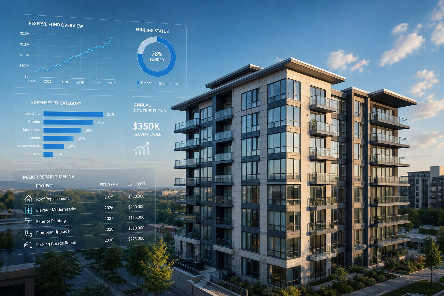 Modern mid-rise condominium building with a transparent financial chart and repair timeline overlay, representing long-term reserve planning.