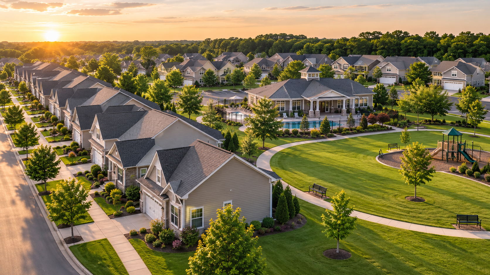 Aerial view of a well-maintained suburban HOA community with uniform homes, neatly landscaped lawns, a central clubhouse, and a shared green park, illuminated by warm late-afternoon golden sunlight.
