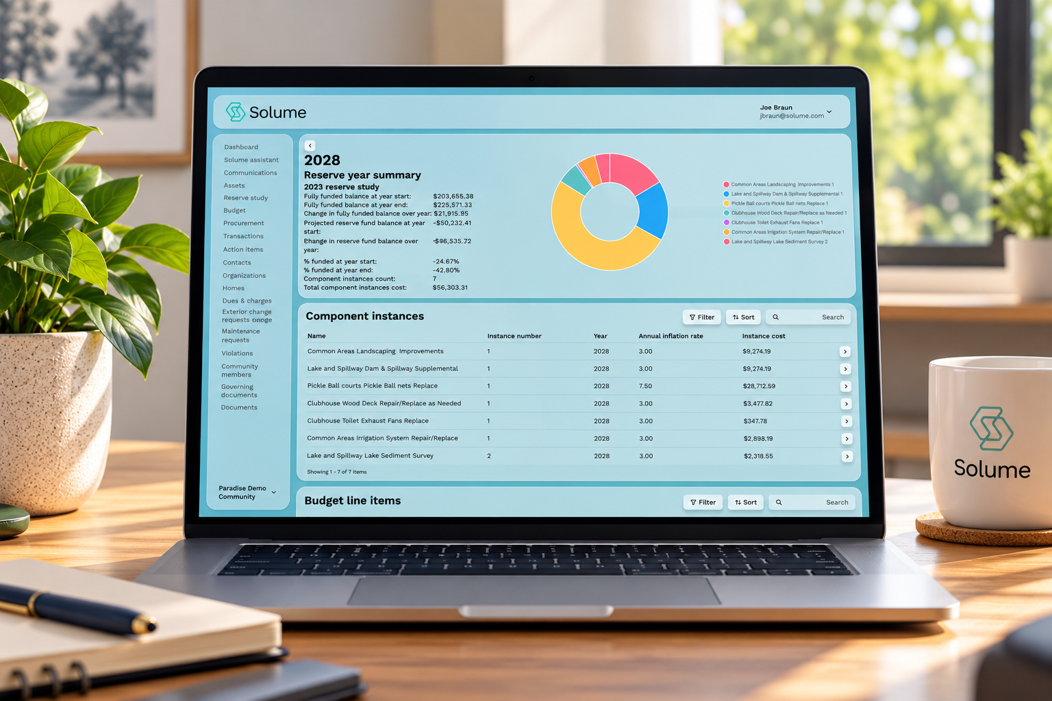 Laptop displaying Solume’s reserve year summary dashboard with component costs and funding data on a clean, organized home-office desk.