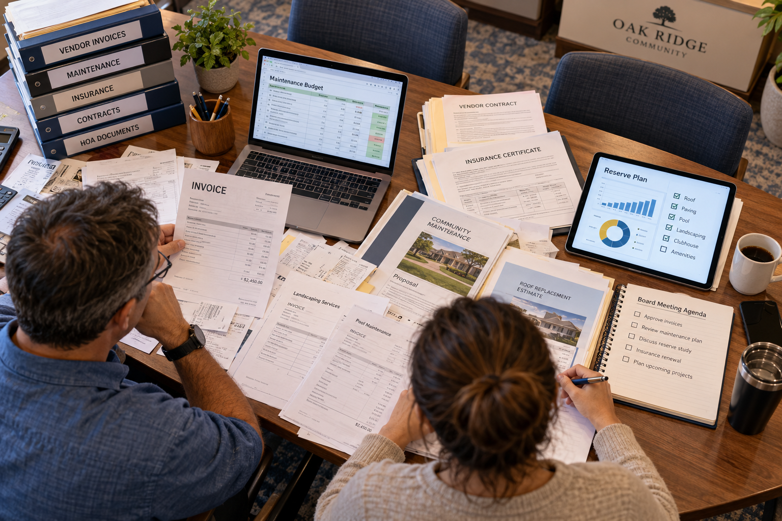 HOA board members reviewing invoices, contracts, insurance documents, and maintenance budgets at a cluttered meeting table, with a tablet showing an organized reserve plan.