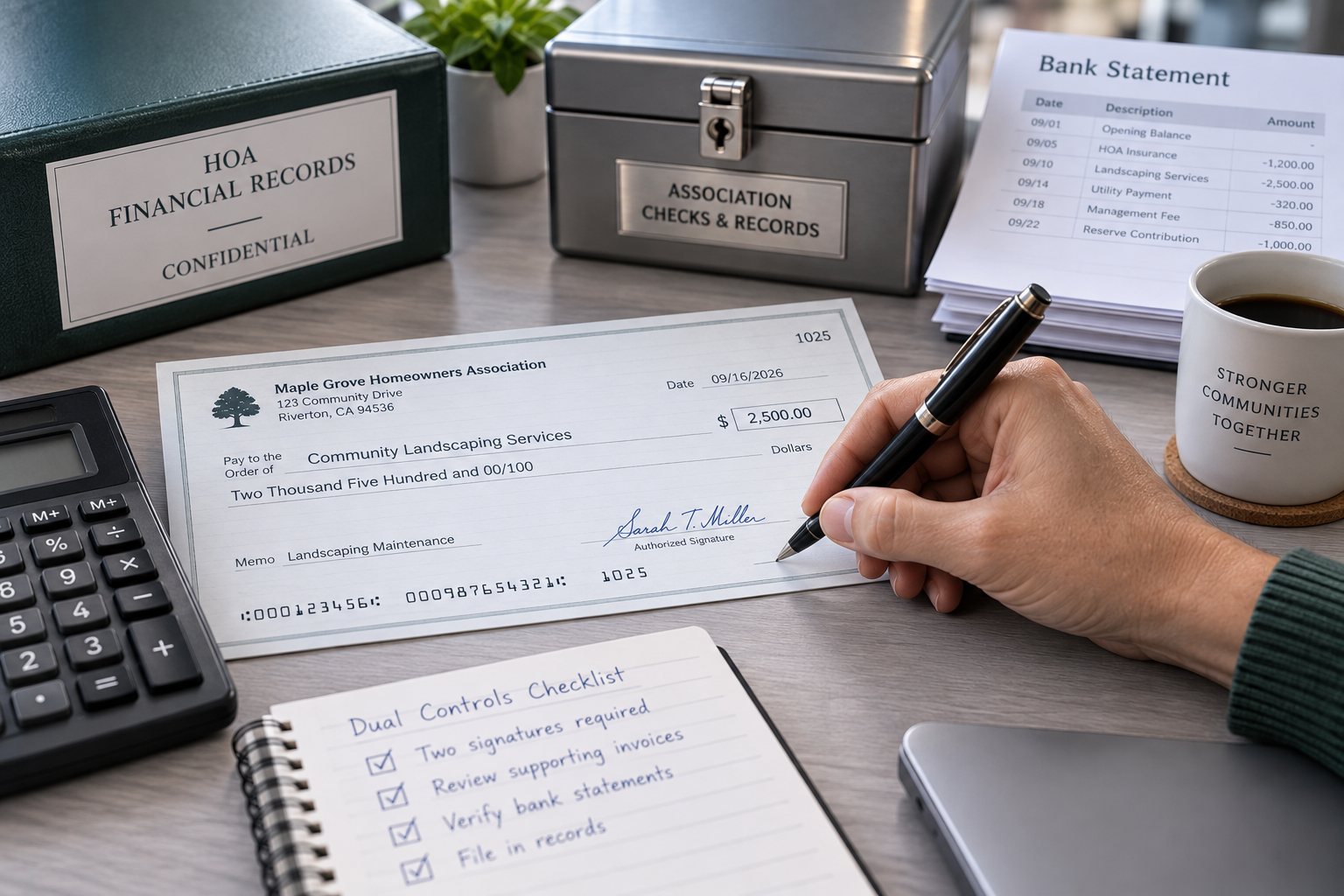 Close-up of one hand signing an HOA check at a desk with financial records, bank statements, a locked records box, calculator, and checklist nearby.