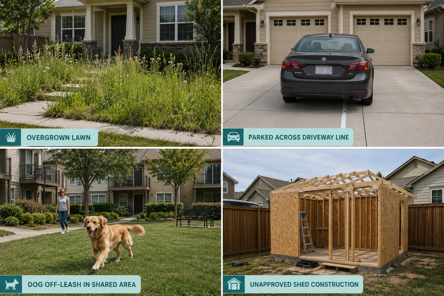 Four-panel collage illustrating common HOA rule violations, including an overgrown front lawn, a car parked across a driveway line, a dog off-leash in a shared community area, and a partially constructed backyard shed, each highlighted with teal information labels.