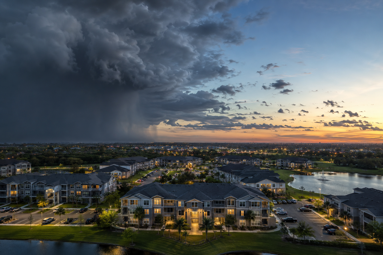 Aerial view of a suburban condominium community at dusk beneath contrasting storm clouds and clear sunset skies, with warm lights glowing from the buildings.