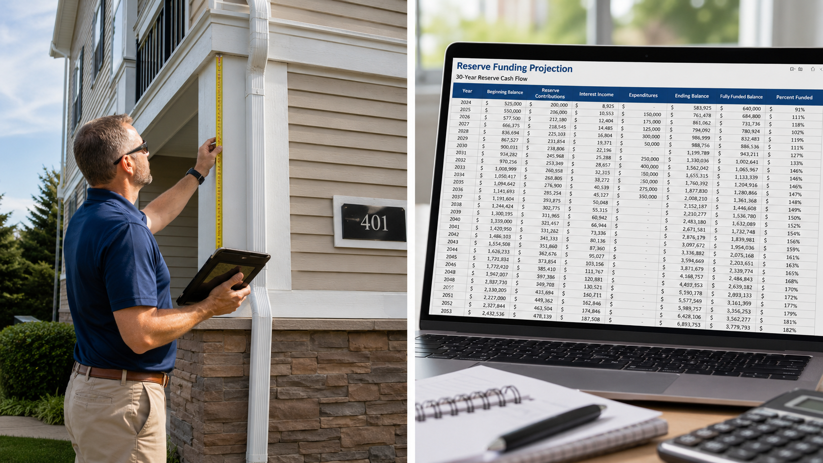 Split-screen image showing a reserve study specialist measuring and inspecting a building exterior on the left, and a laptop displaying reserve fund projections and long-term financial planning spreadsheets on the right, illustrating the physical and financial components of reserve studies.
