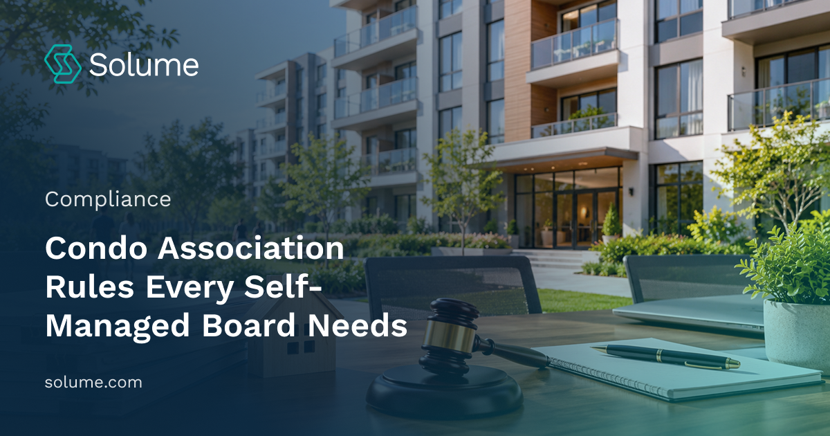Modern condominium community with legal documents, a wooden house model, and gavel on a table in the foreground, representing condo association rules and board governance.