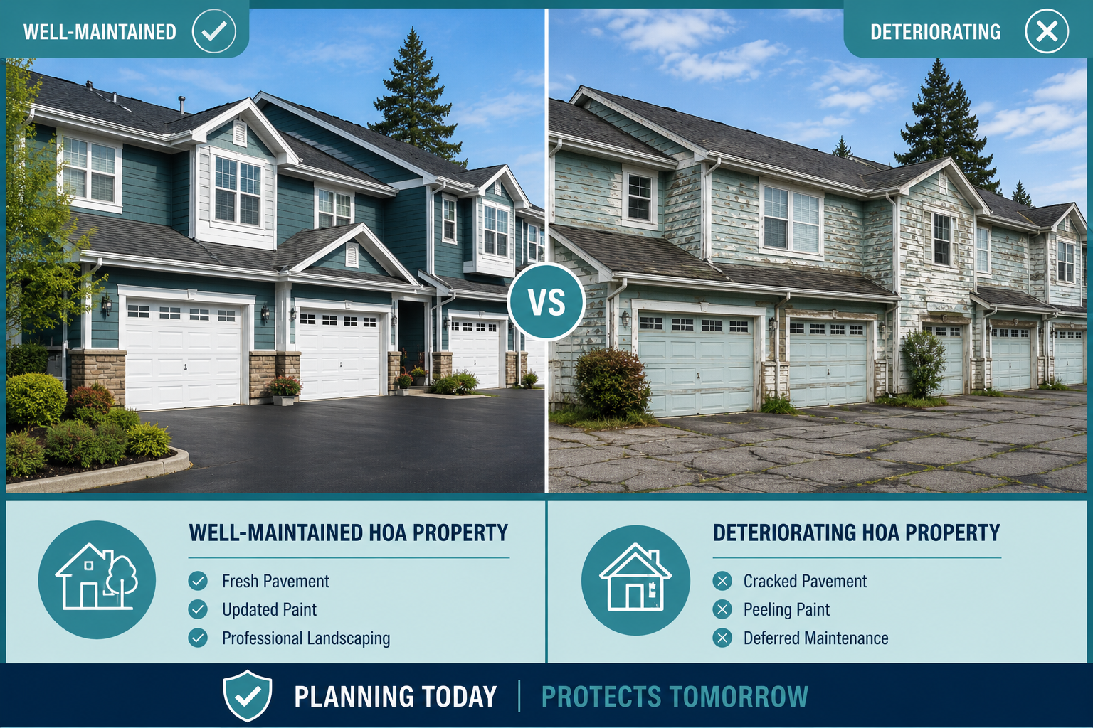 Side-by-side comparison of a well-maintained Minnesota HOA property with fresh pavement and updated siding versus a deteriorating property with cracked pavement and peeling paint, displayed in teal and navy branding colors.