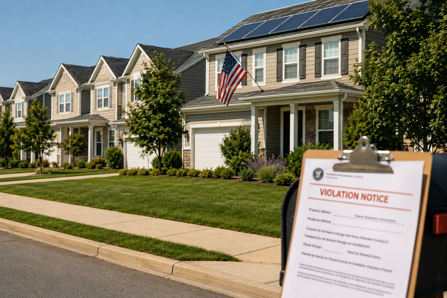 Suburban HOA community with identical townhomes, manicured lawns, rooftop solar panels, and an American flag, with a blurred HOA violation notice on a mailbox in the foreground.