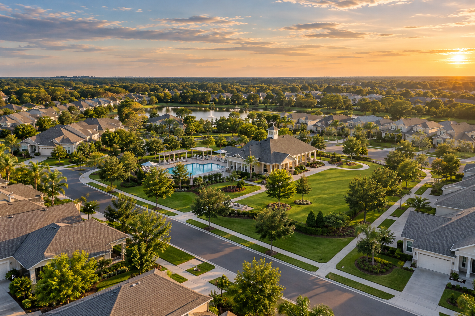 Aerial view of a well-maintained suburban HOA community with uniform homes, tree-lined streets, a shared pool, clubhouse, and landscaped green spaces at golden hour.