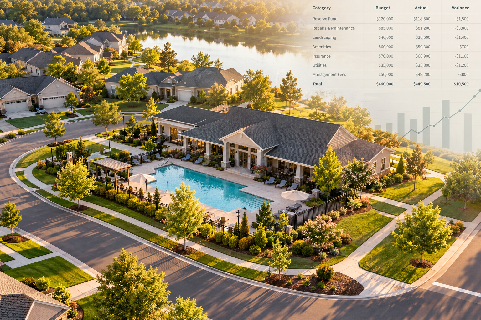 Aerial view of a well-maintained HOA community featuring landscaped lawns, a clubhouse, a shared swimming pool, and a financial budget ledger overlay in warm golden-hour light.
