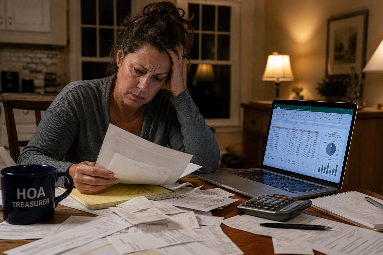 Frustrated HOA board treasurer sitting at a kitchen table late at night, reviewing scattered receipts and paperwork beside a laptop displaying spreadsheets, with a calculator and coffee mug under warm indoor lighting.