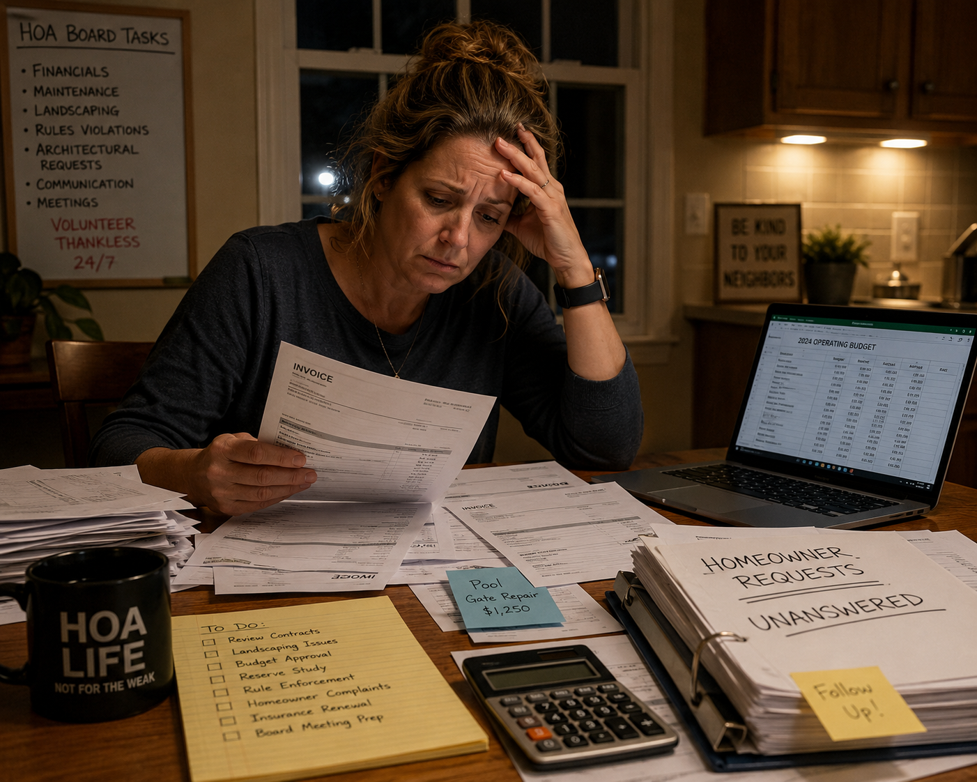Volunteer HOA board member sitting at a kitchen table late at night, reviewing invoices and paperwork with a stressed expression while using a laptop, spreadsheets, and calculator to manage community tasks.