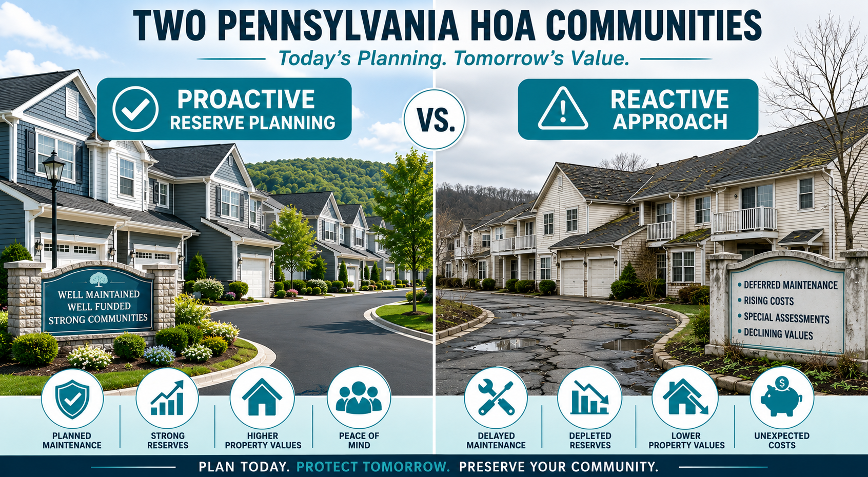 Split-screen infographic comparing two Pennsylvania HOA communities. The left side shows a clean, well-maintained neighborhood with modern homes, smooth pavement, landscaped greenery, and the heading “Proactive Reserve Planning.” The right side depicts a community with aging buildings, cracked pavement, deferred maintenance, and the heading “Reactive Approach.” The design uses a teal and navy color palette with icons illustrating the benefits of proactive planning versus the risks of delayed maintenance.