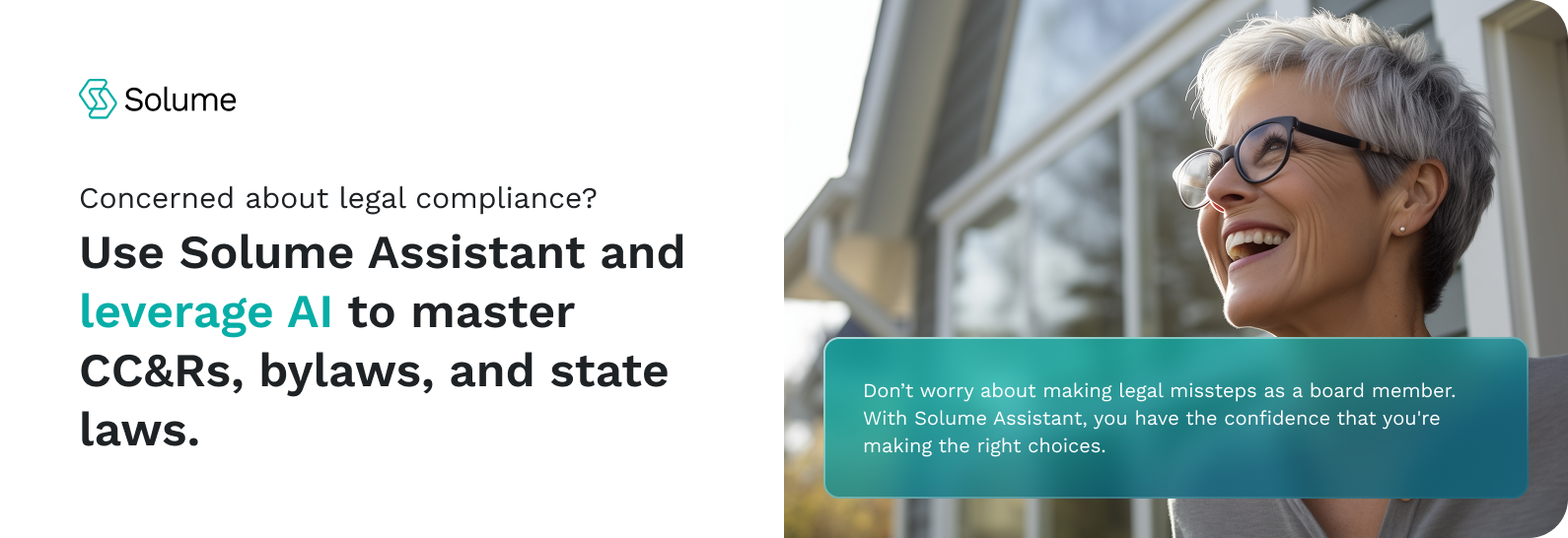 An image with the graphic reading "Use Solume Assistant and leverage AI to master CC&Rs, bylaws, and state laws."