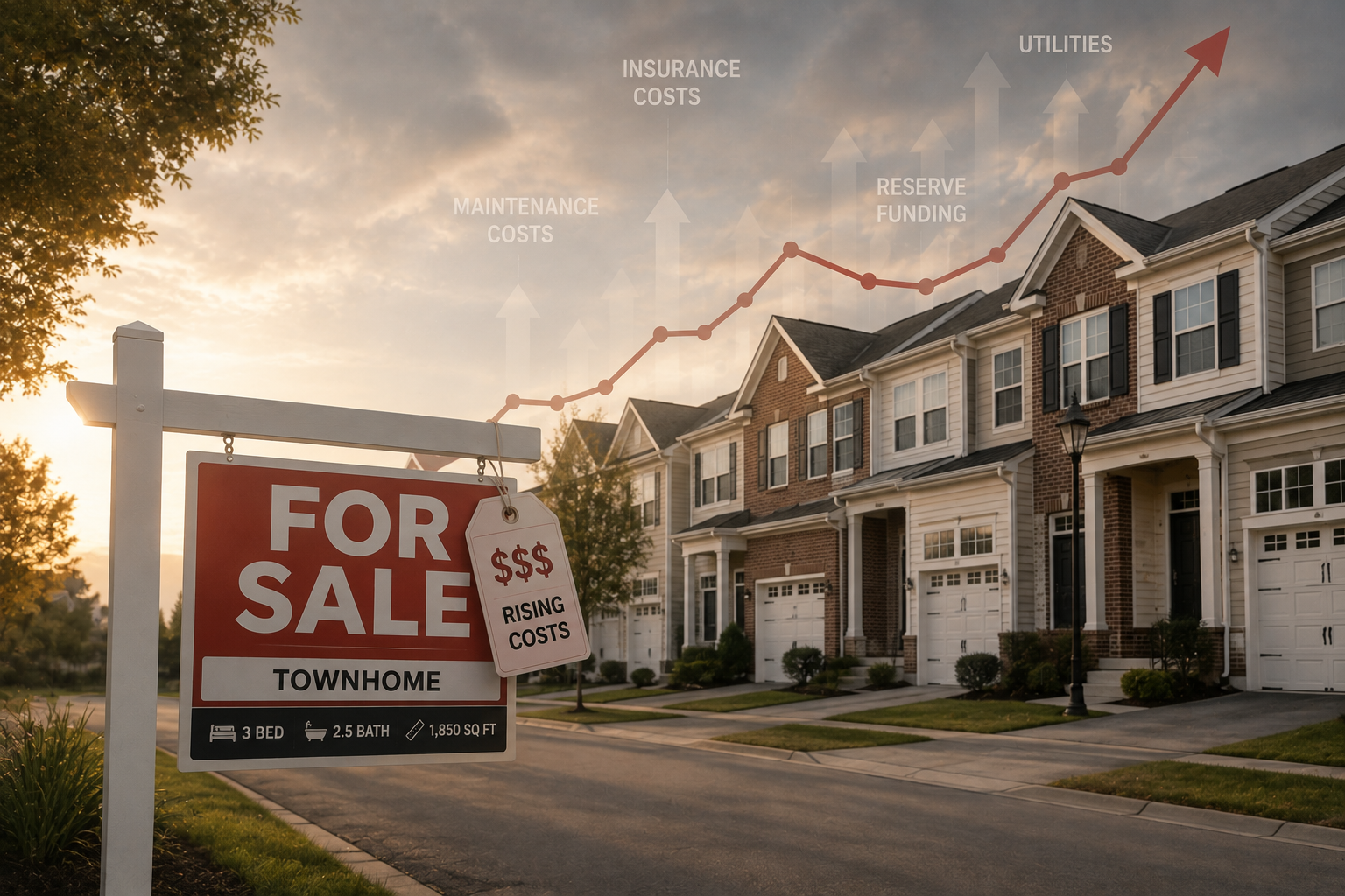 For sale sign in front of a suburban townhome complex with a faint rising cost graph representing increasing maintenance, insurance, reserve funding, and utility expenses.