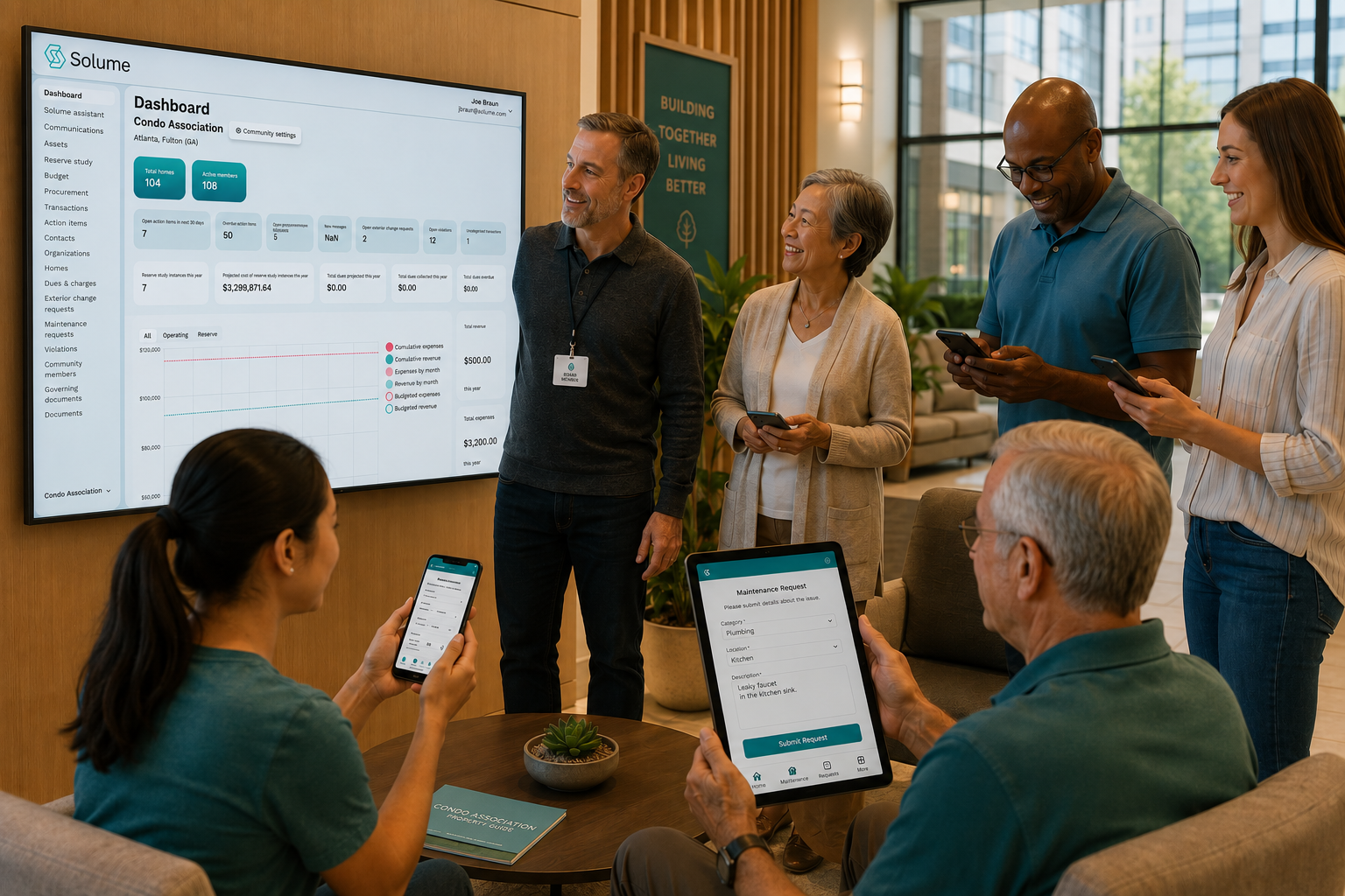 A diverse group of condominium residents gathers in a bright, modern lobby while a board member presents the Solume dashboard on a large wall-mounted display labeled "Condo Association." Residents use smartphones and a tablet to access community features such as announcements and maintenance requests, creating a collaborative and connected atmosphere.
