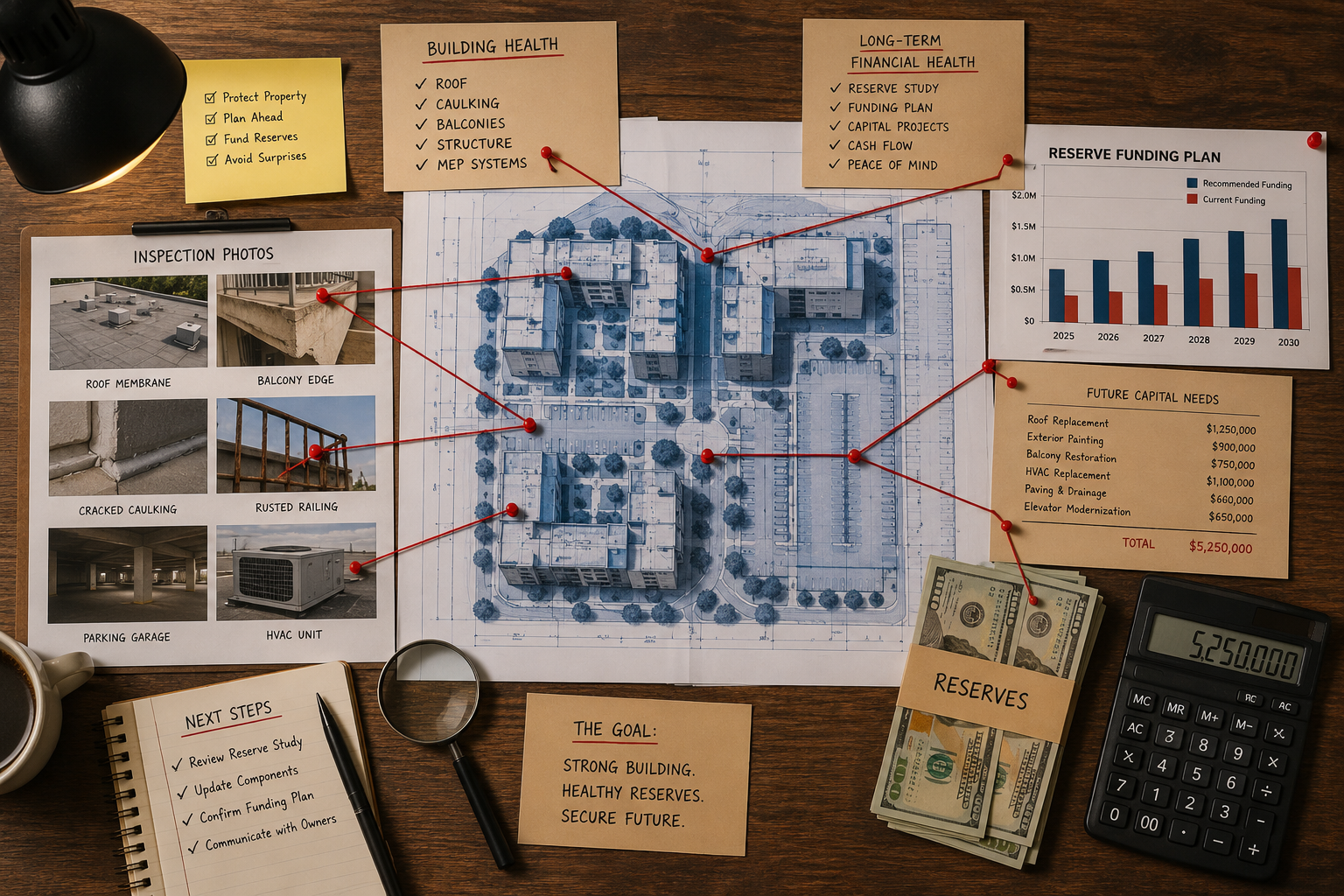 Overhead flat-lay of a planning board featuring an aerial building blueprint, inspection photos, a reserve funding chart, and stacks of cash connected with red string, illustrating the relationship between property inspections and long-term reserve funding decisions.