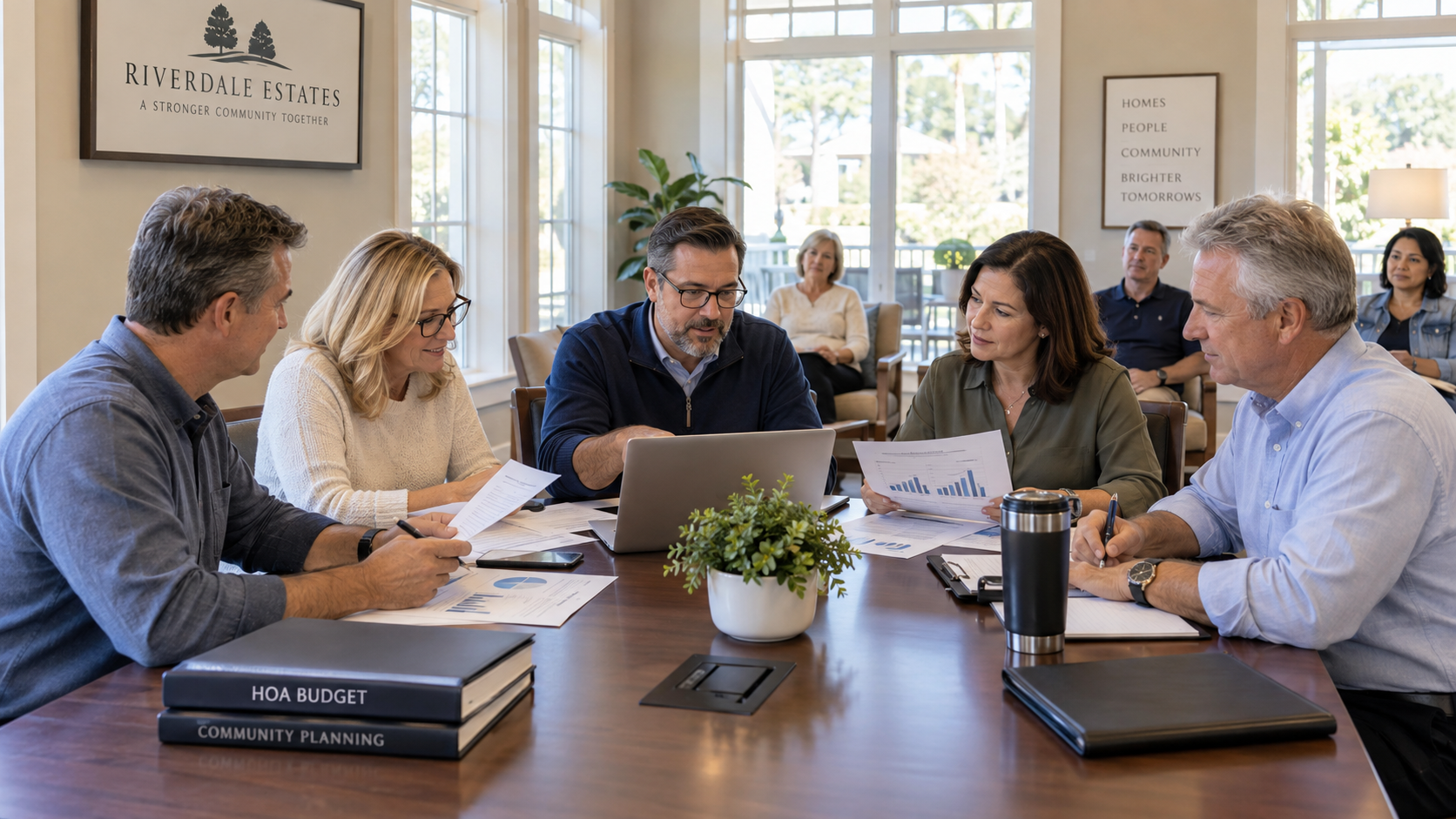 HOA board members reviewing community budgets and financial documents around a conference table while homeowners observe in a bright clubhouse.