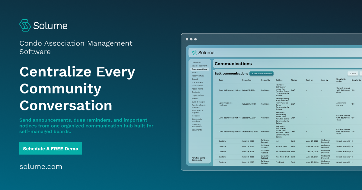 Promotional banner for Solume Condo Association Management Software featuring the headline "Centralize Every Community Conversation" alongside a preview of the communications dashboard. The design highlights a centralized platform for announcements, dues reminders, and important resident notices, with a "Schedule A FREE Demo" call-to-action.