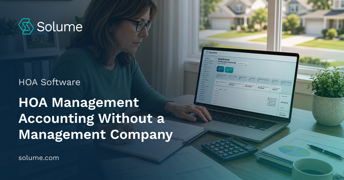 A volunteer HOA treasurer uses the Solume dashboard to manage budgets, financial reports, and community operations from an organized home office, making self-managed HOA accounting more efficient.
