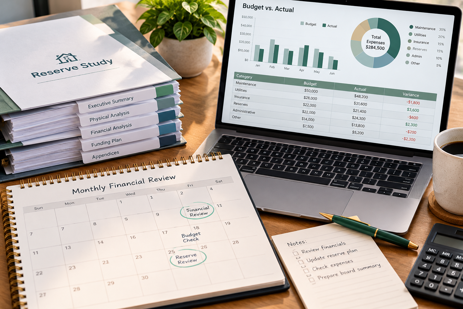 Monthly financial review calendar beside organized reserve study documents and a laptop displaying a budget-versus-actual report, illustrating routine financial monitoring and responsible HOA budgeting.