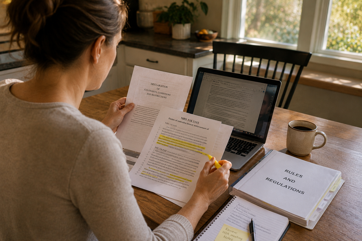 Homeowner reviewing and highlighting HOA governing documents at a kitchen table beside a laptop and coffee cup in warm morning light.