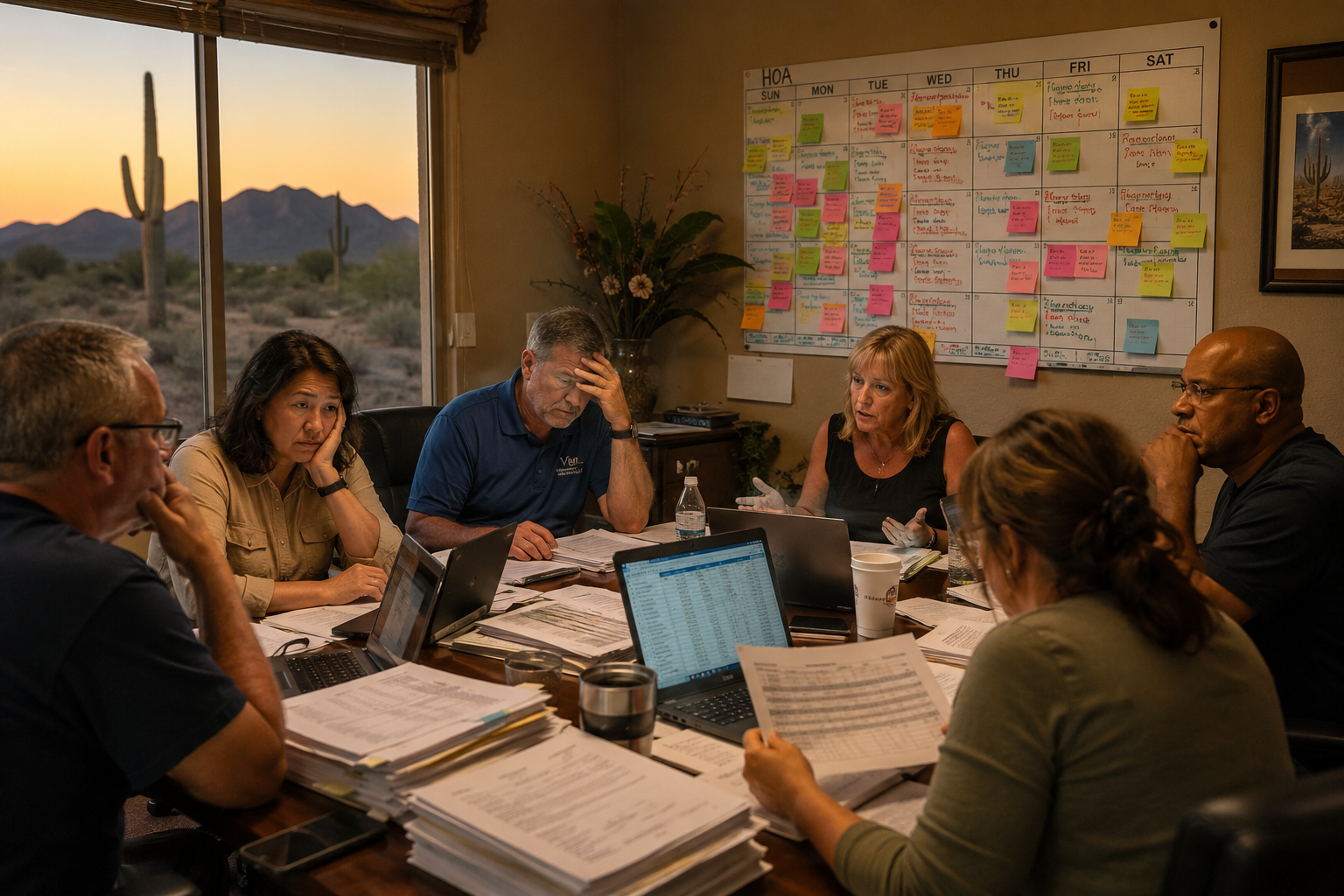 Diverse Arizona HOA board members sit around a conference table covered with paperwork and laptops displaying spreadsheets, appearing stressed during an evening meeting. Sticky notes cover a large wall calendar while warm desert sunset light shines through the window in a documentary-style office scene.