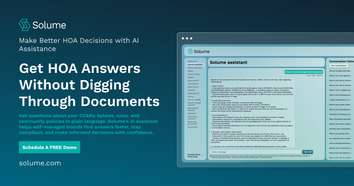 Solume CTA banner featuring its AI Assistant interface for answering HOA questions and finding information from governing documents.