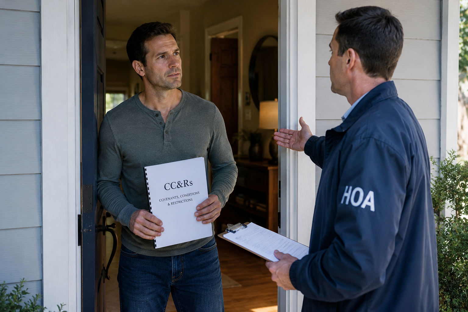 Homeowner holding a copy of the CC&Rs while speaking with an HOA representative at his front doorway, with a clipboard and warm interior visible behind him.