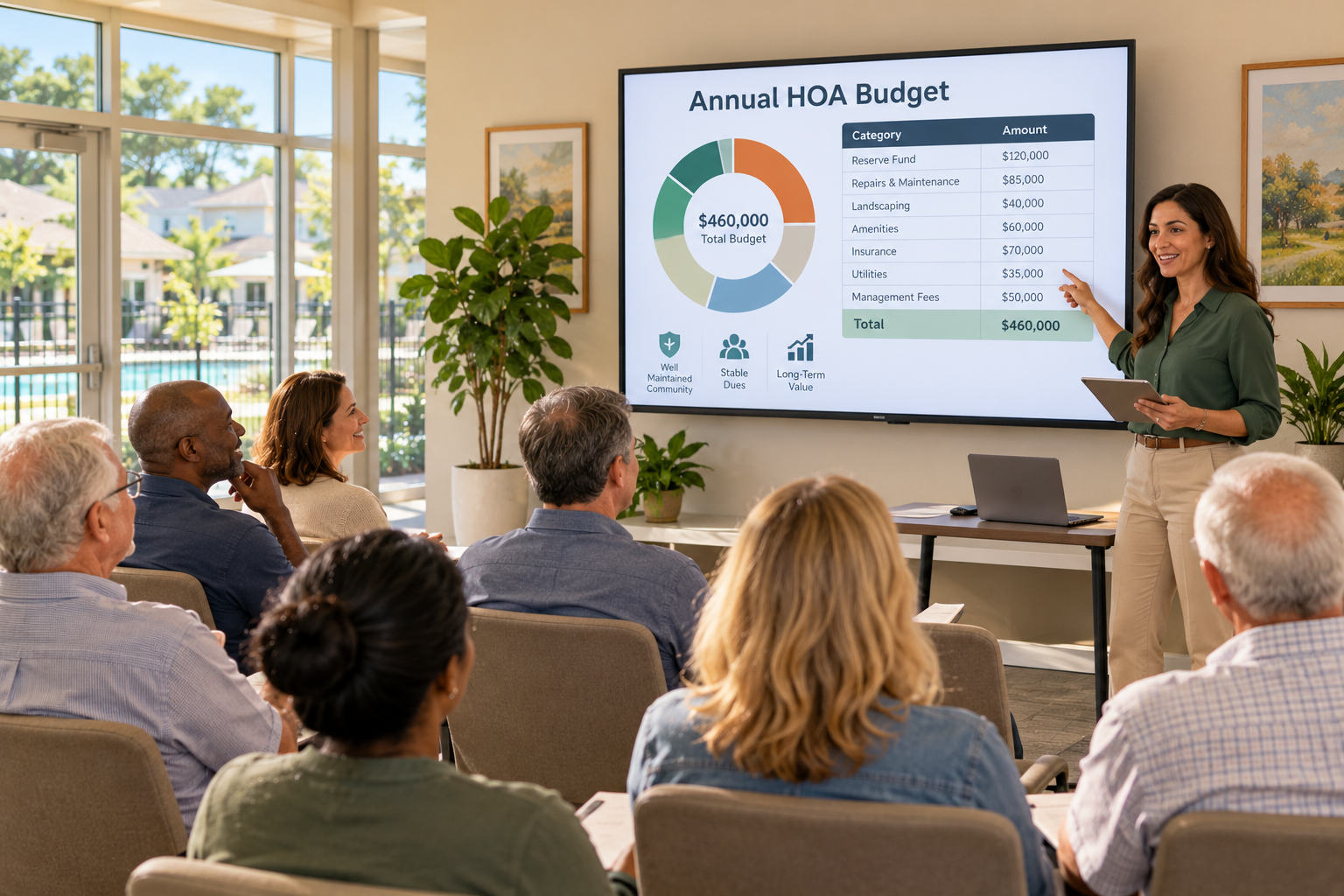 A diverse group of homeowners attends an HOA budget meeting as a board treasurer presents an annual budget chart displaying expenses, reserve funds, and community maintenance costs on a screen.