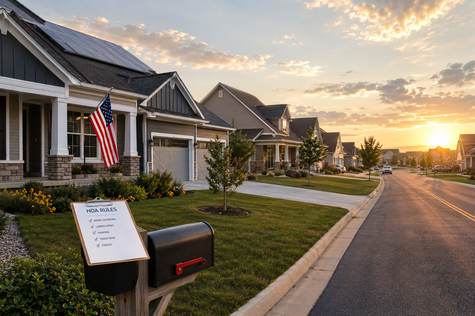 Photorealistic suburban HOA neighborhood at golden hour with tidy homes, solar panels, an American flag, and an HOA rules clipboard on a mailbox.