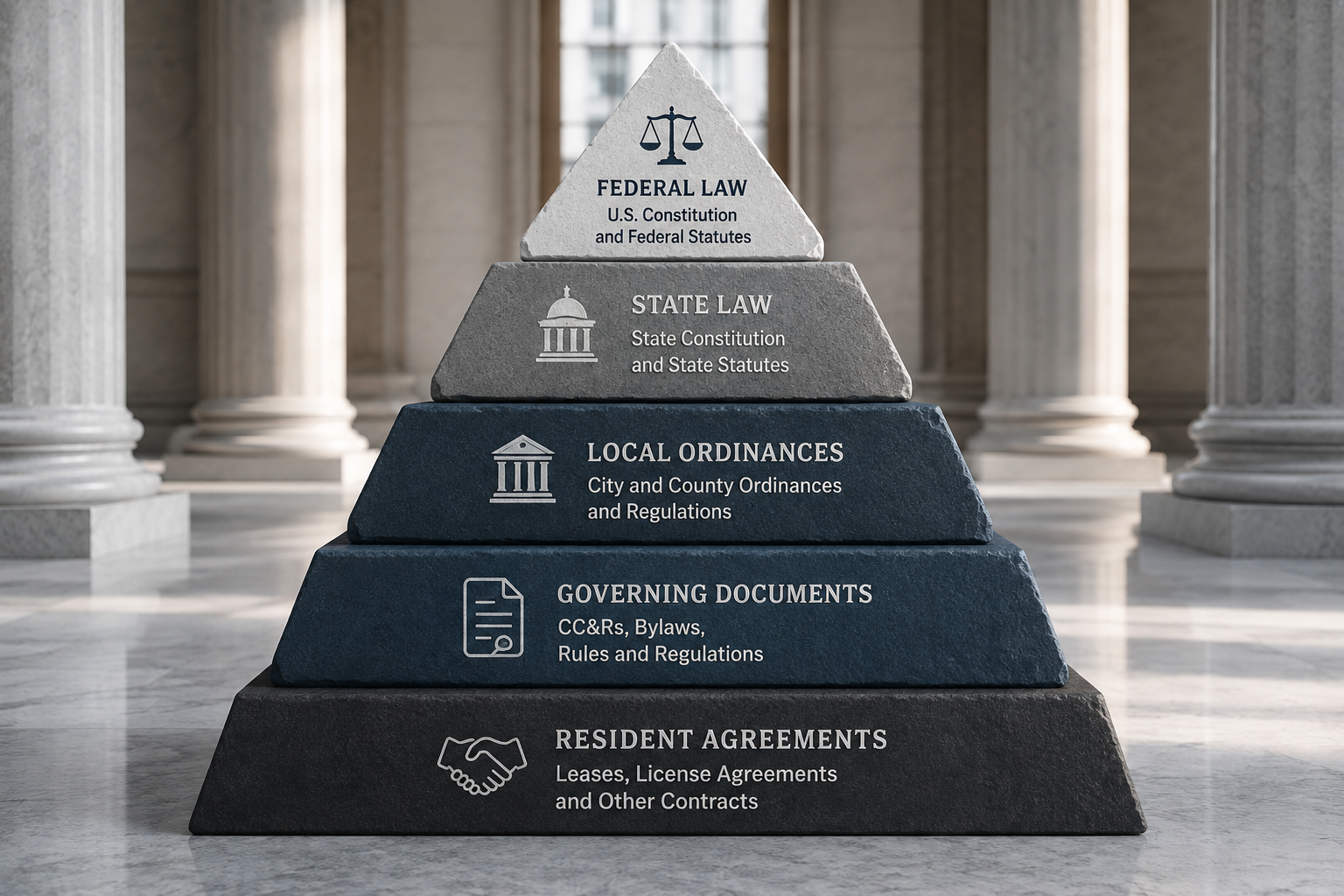 Photorealistic pyramid infographic illustrating the legal hierarchy from federal and state law to local ordinances, governing documents, and resident agreements.