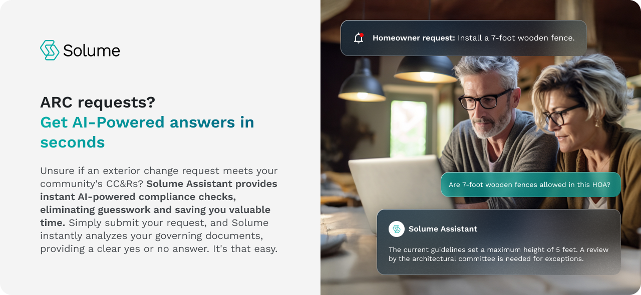 Promotional image for Solume Assistant showing a middle-aged couple reviewing an ARC request on a laptop. Text highlights that Solume provides AI-powered compliance checks for HOA exterior change requests, such as fence height limits, by instantly analyzing governing documents.
