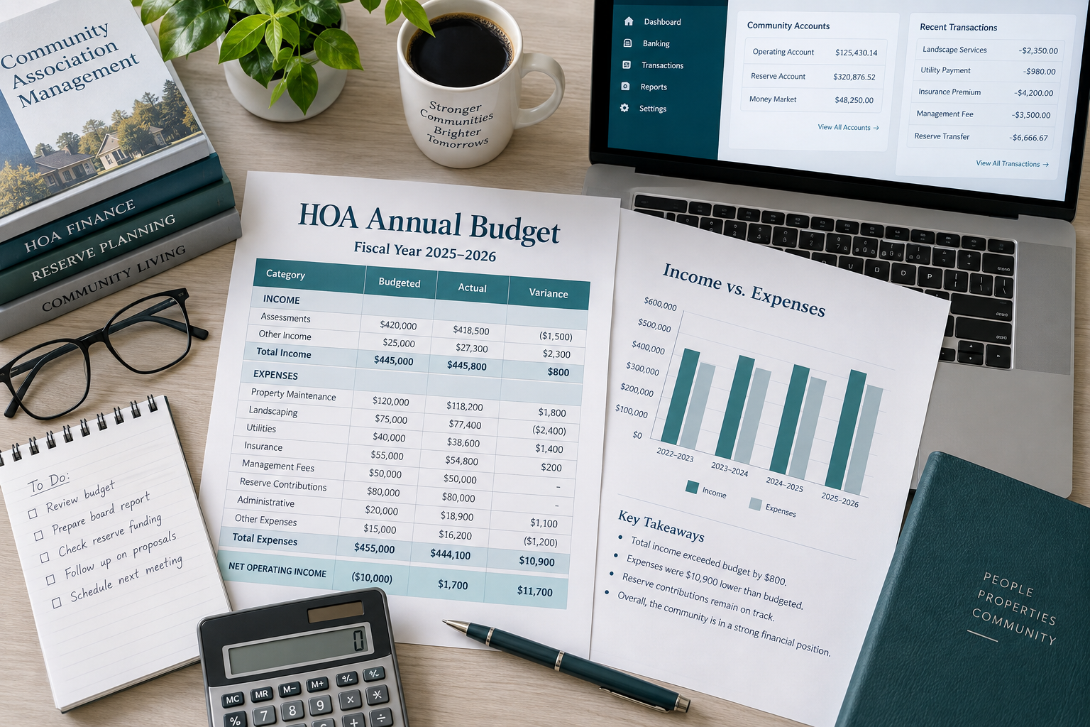Overhead view of an organized desk with an HOA annual budget spreadsheet, income and expense chart, laptop with accounting software, pen, and calculator.