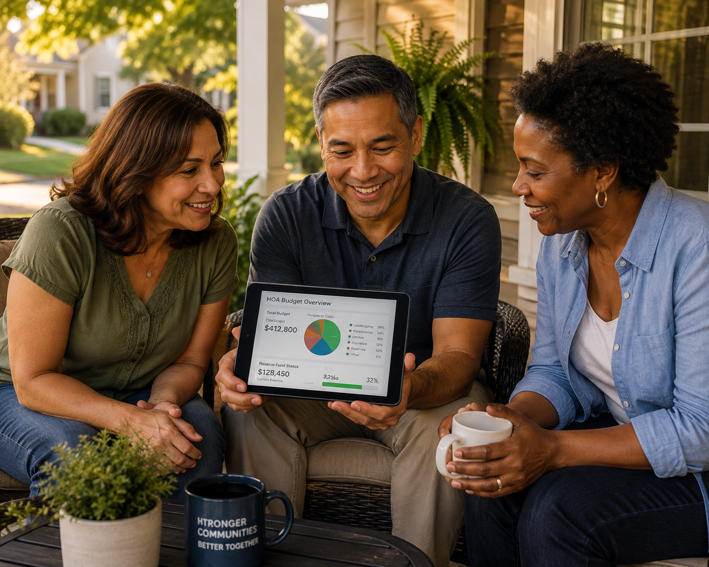 A modern laptop on a tidy home office desk displays the Solume reserve fund dashboard with a reserve year summary, budget chart, and component cost table. A reserve fund binder, vendor invoices, notebook, coffee mug, and desk plant surround the laptop, representing organized HOA financial planning.