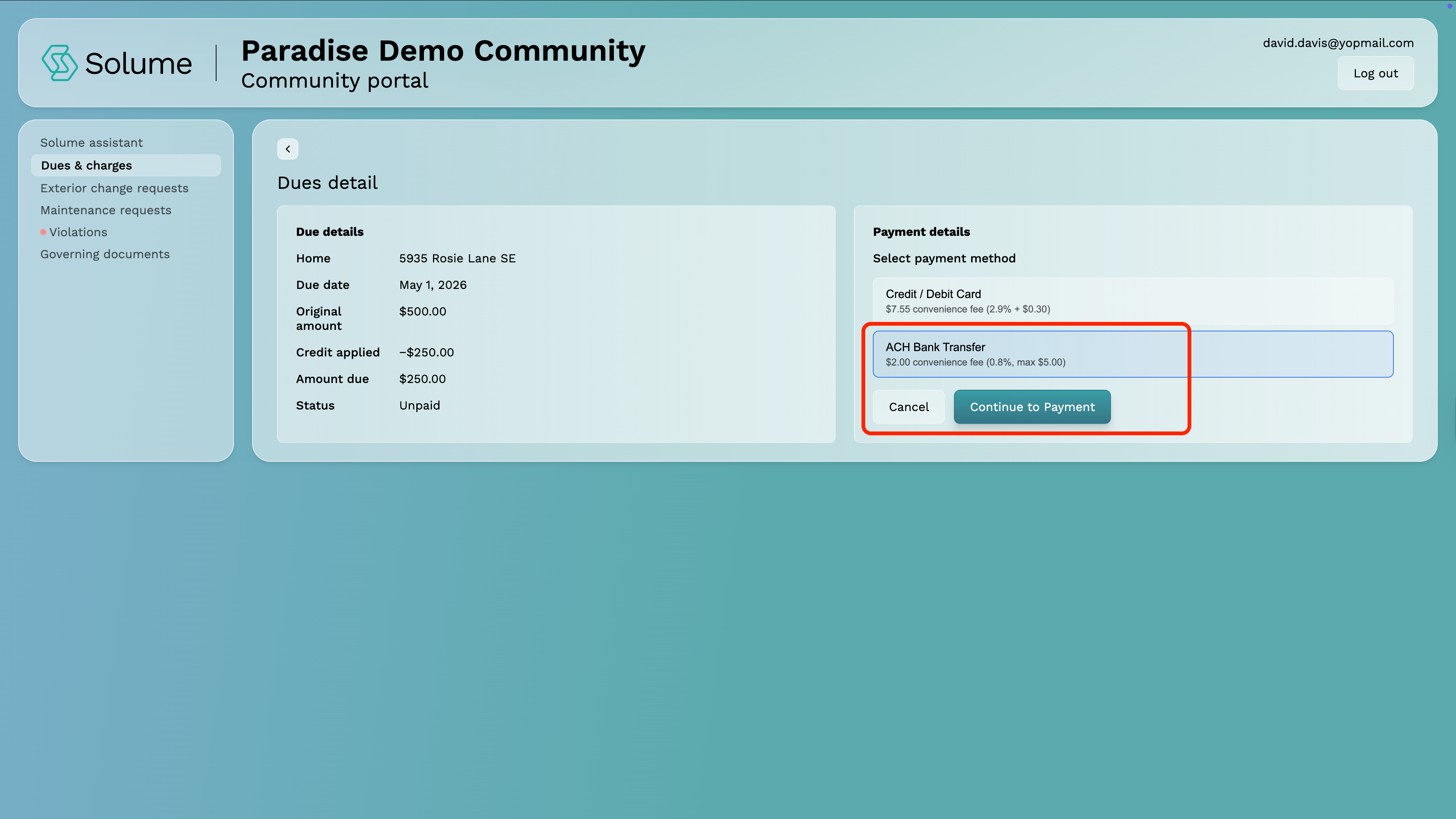 A screenshot of Solume's community member portal indicating where to select ACH or Credit Card payment options