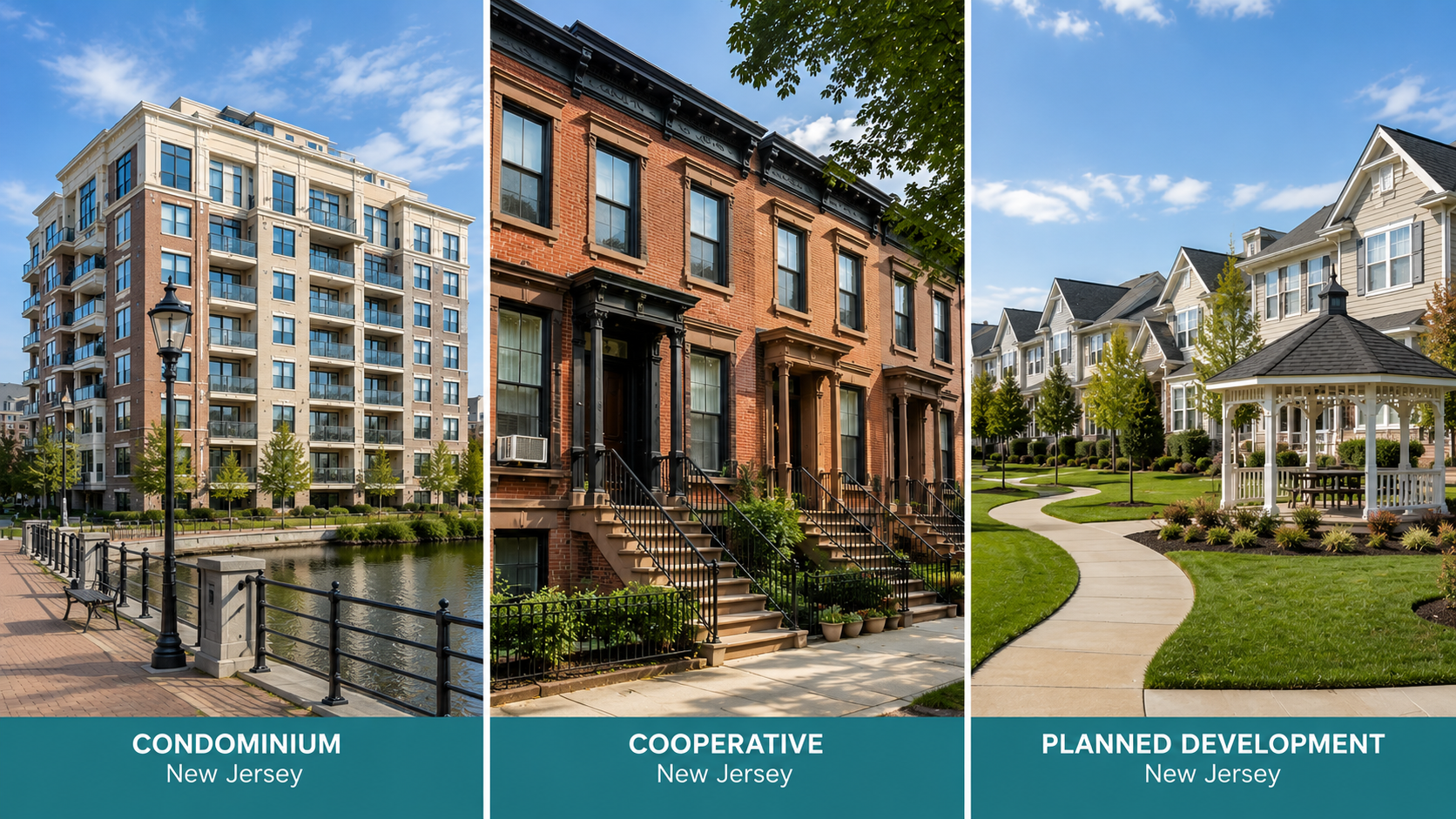 Split-view image comparing three New Jersey residential property types: a modern condominium building, a cooperative brownstone row, and a planned development with landscaped green spaces and a community gazebo under a clear blue sky.