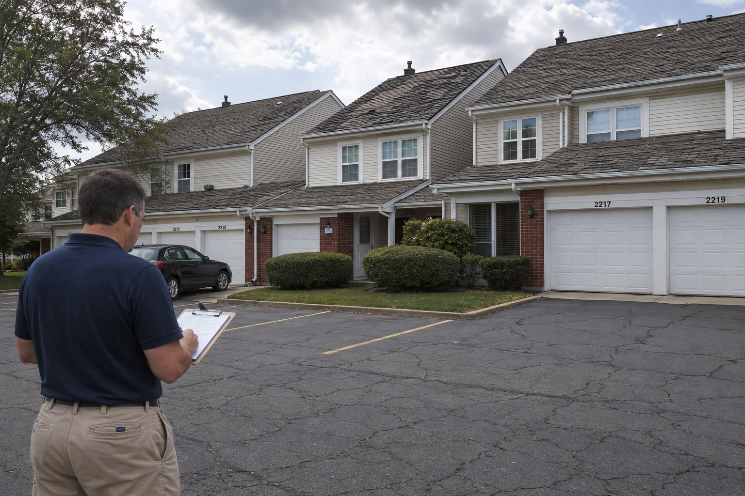 Board member conducting a property inspection in an Illinois suburban townhome community, reviewing aging roof shingles and a cracked asphalt parking lot during a reserve planning assessment on a clear daylight day.