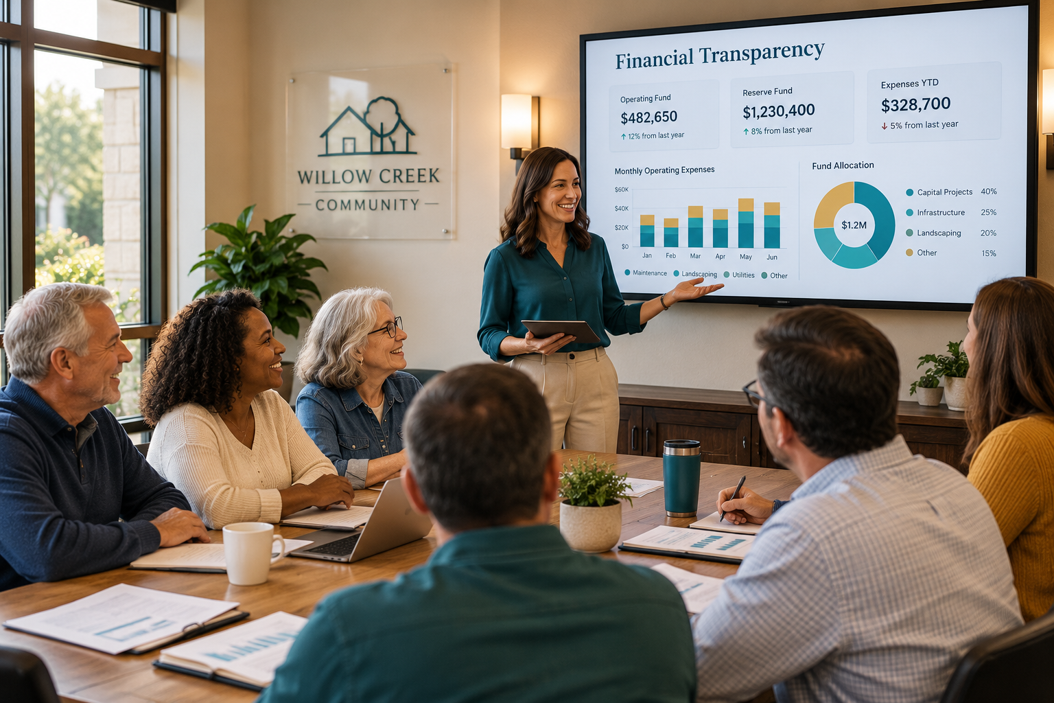 Diverse HOA board members and homeowners reviewing a financial transparency dashboard during a community meeting in a welcoming clubhouse.