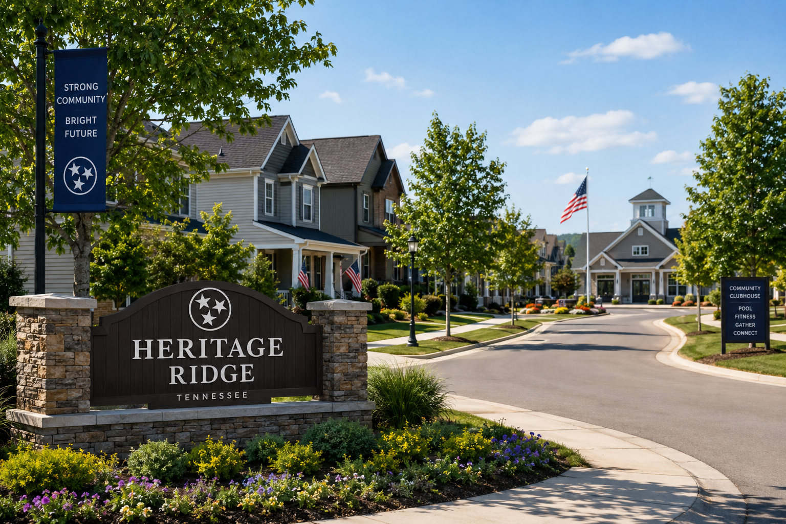 Modern Tennessee residential neighborhood with tree-lined streets, well-maintained homes, landscaped sidewalks, and a community clubhouse in the background, representing organized and stable community living.
