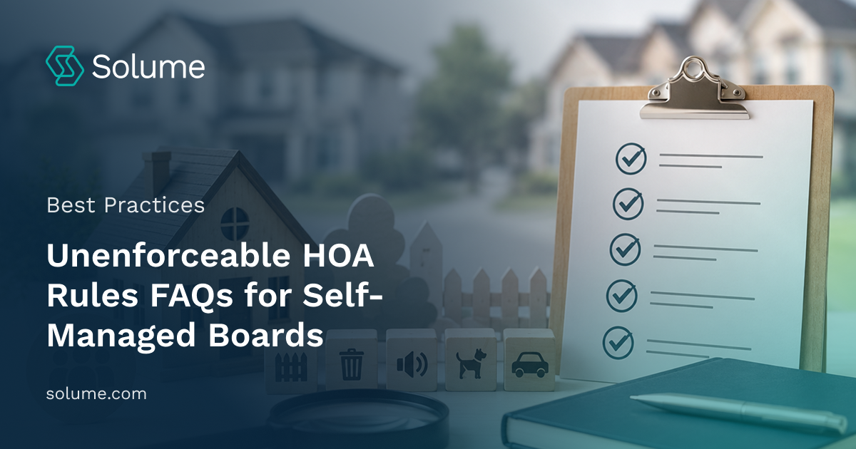 Wooden model house with HOA rule symbols, checklist, magnifying glass, and neighborhood setting representing HOA rules and compliance.