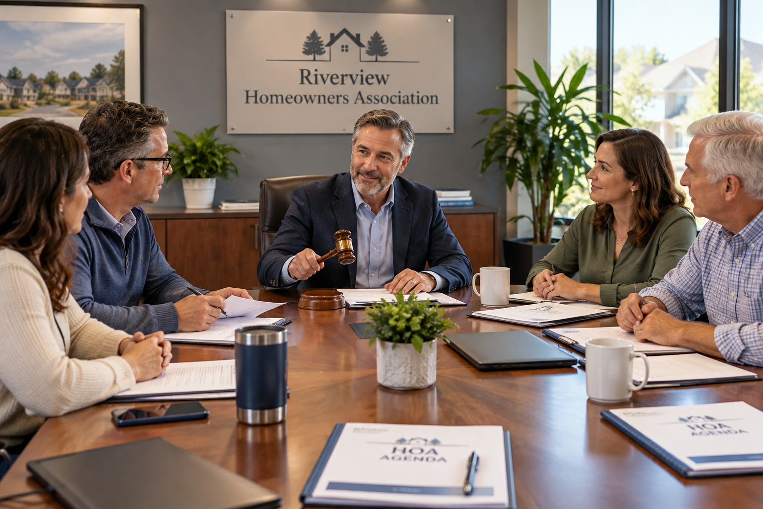 HOA board president using a gavel to call a community board meeting to order with four volunteer members seated around a conference table.
