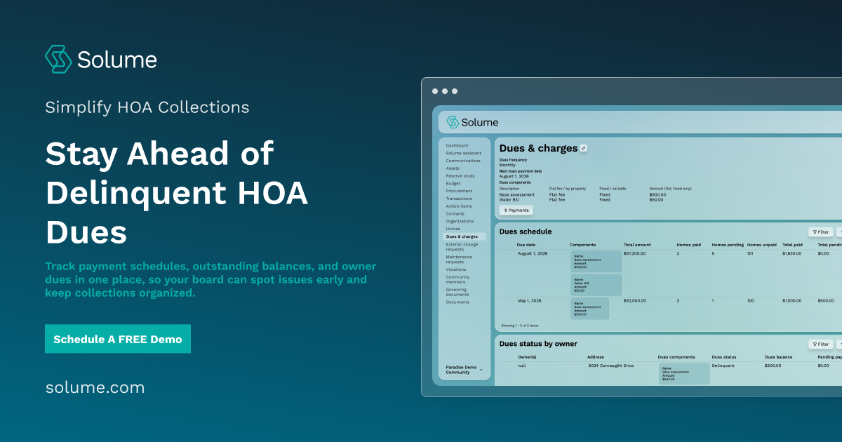 Solume HOA dues management dashboard showing payment schedules, total amounts, paid and unpaid balances, and dues status by homeowner.