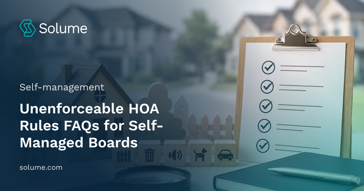 Wooden model house with HOA rule symbols, checklist, magnifying glass, and neighborhood setting representing HOA rules and compliance.