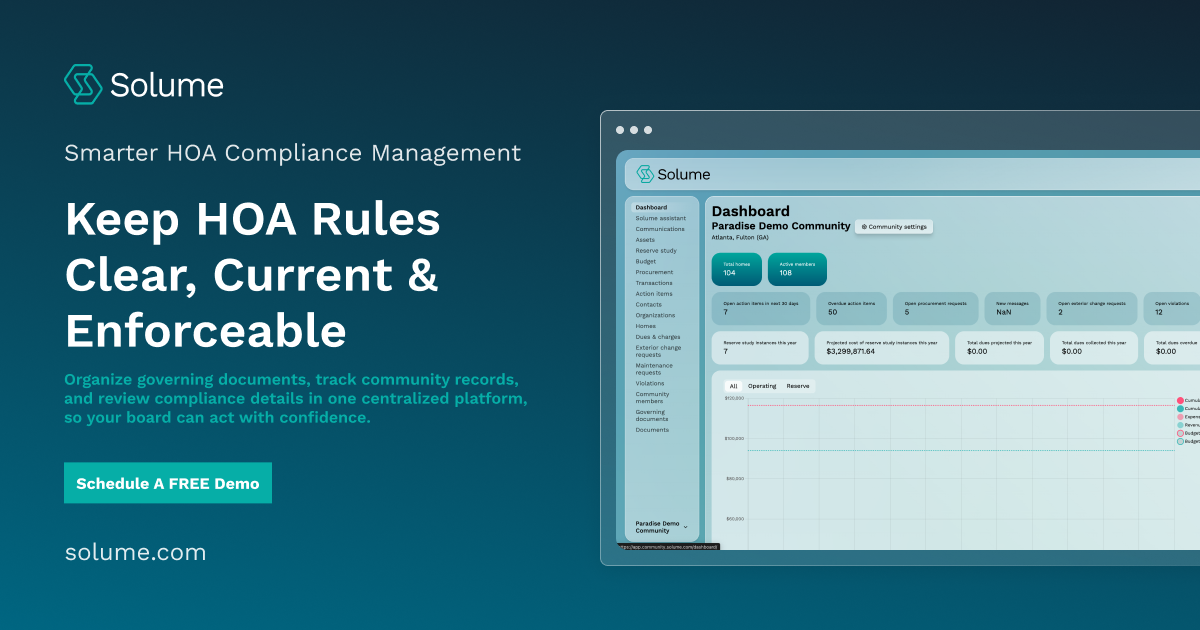 Solume interface showing community asset components, replacement costs, useful life, and component instances for HOA reserve and compliance recordkeeping.